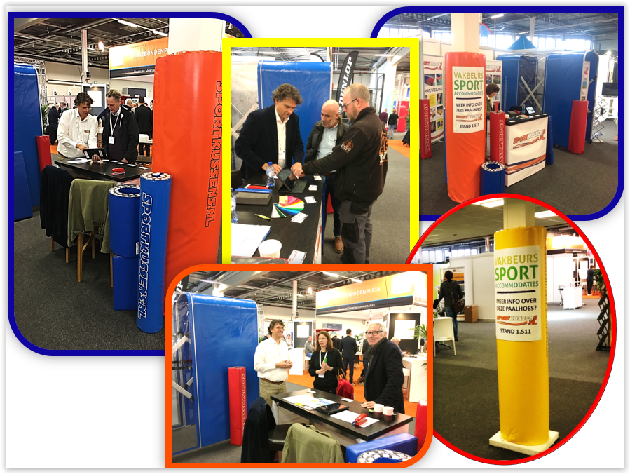 Sportkussens.nl aanwezig met paalbeschermers in diverse kleuren op Vakbeurs Sportaccommodaties in Houten